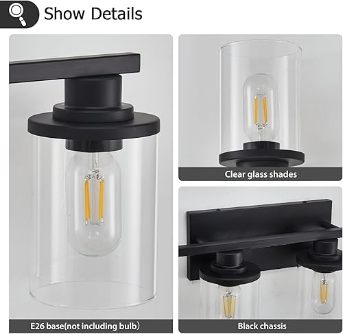 Miniatura 4 de stambord 6 lámparas de tocador de baño de color negro mate con base de vidrio transparente y metal, luces negras para tocador de baño sobre espejo