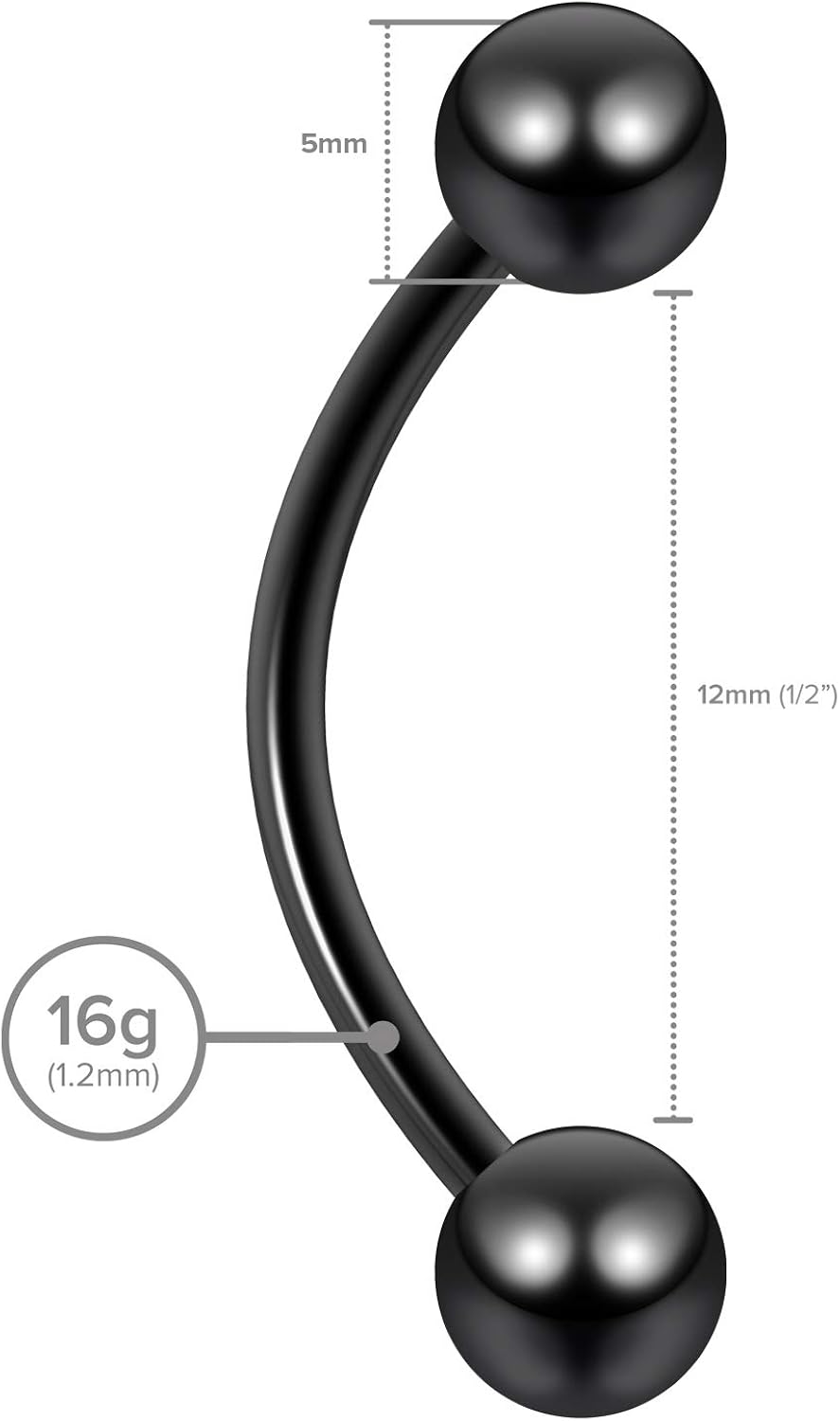 2pc 1.2mm 16g Black Surgical Steel Banana JCurve Barbell 5mm Ball Eyebrow Navel Bar Banana Bar