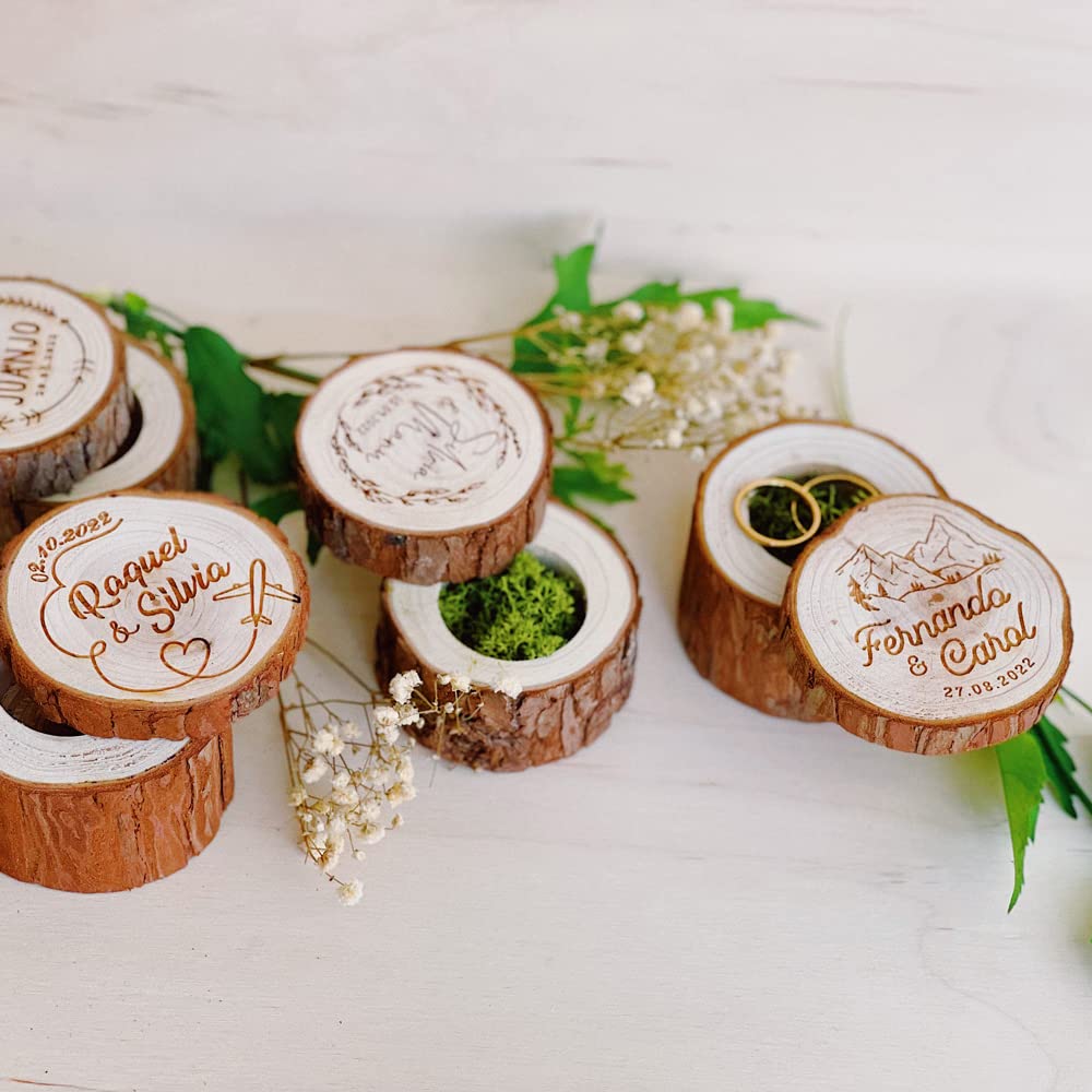 MONAMI - caja porta alianzas madera personalizada grabada para alojar las alianzas. Tronco natural. Varios modelos a elegir. Producto realizado a mano y artesanal
