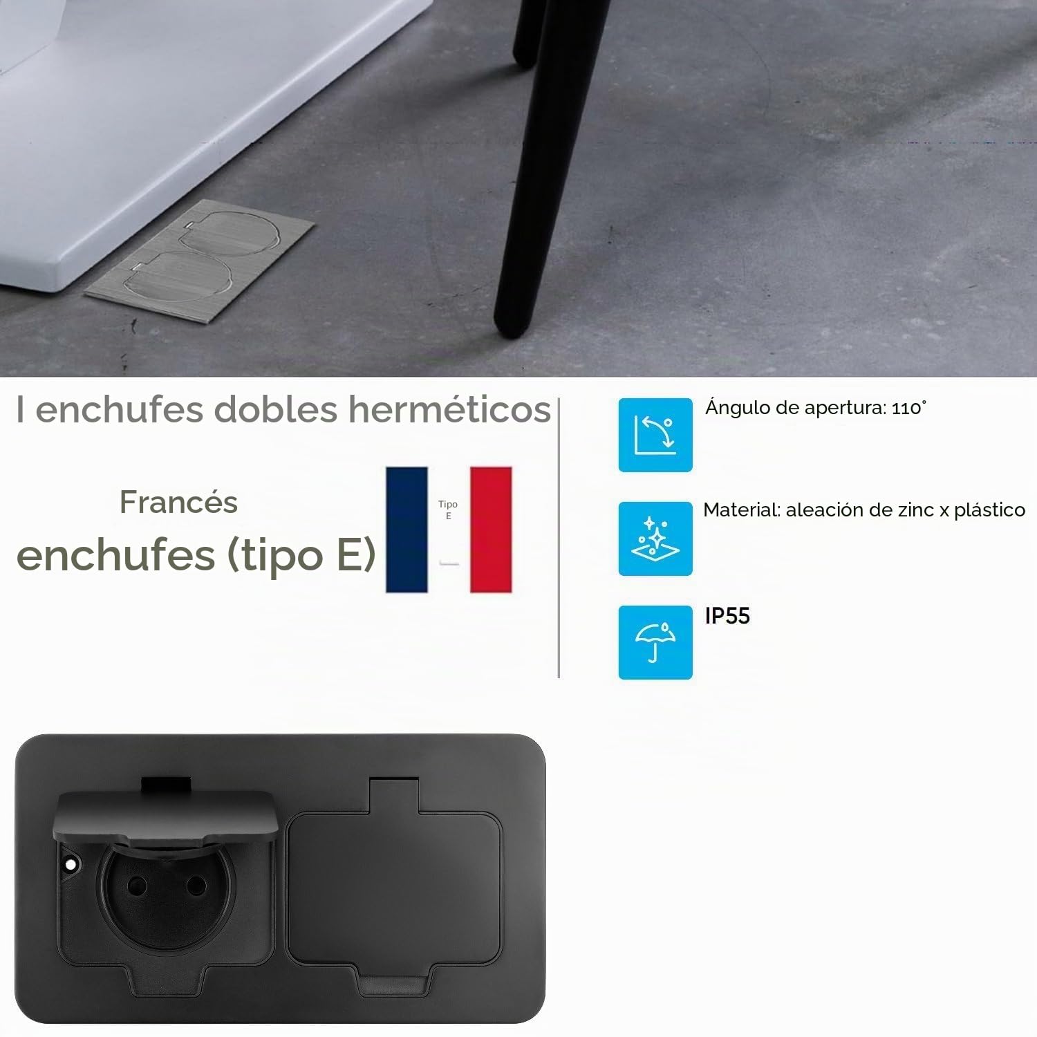 Enchufe doble empotrable de acero inoxidable, enchufe de suelo IP55, tapa abatible, borne de conexión, tipo E francés