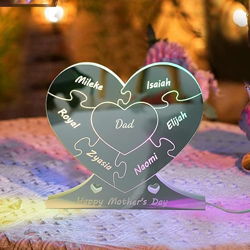 Miniatura 3 de Rompecabezas de nombre de familia personalizado, luz LED, espejo de corazón, espejo de dormitorio, espejo acrílico personalizado de 1 a 12 nombres,