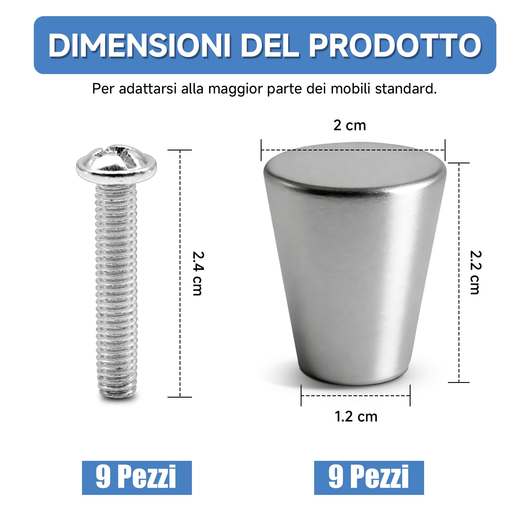 9 Pomelli per Mobili in Alluminio Opaco – Maniglie Rotonde per Cassetti con Viti, Stile Moderno per Armadi Cucina, Bagno e Rinnovo Mobili (Argento)