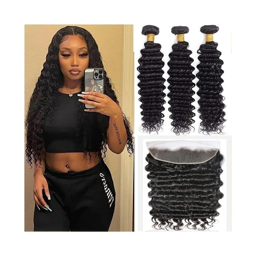 Cabello virgen brasileño de ondas profundas con frontal de encaje 13x4 flexible