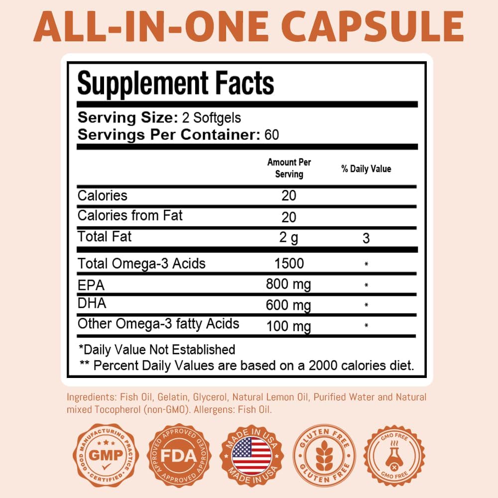 Health Dose Omega 3 Fish Oil – Lemon-Flavored Softgels with EPA & DHA for Brain, Heart, and Wellness Support – Easy-to-Digest, No Fish Burps – 120 Softgels, Pack of 2