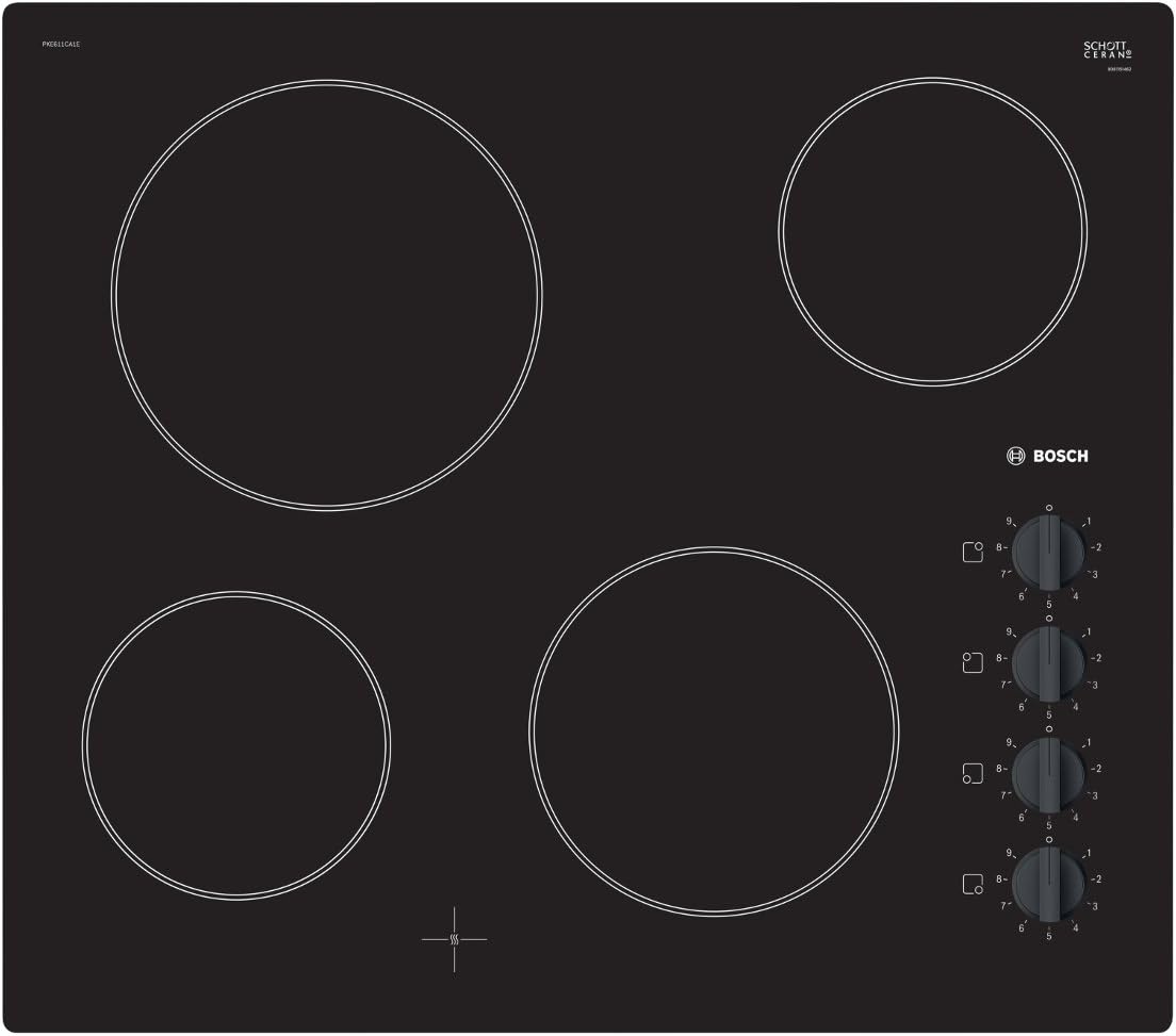 Bosch Series 2 PKE611CA1E Hob Black Integrated Ceramic – Plate (Black, Built-in, Ceramic, Glass and Ceramic, 1200 W, Round)