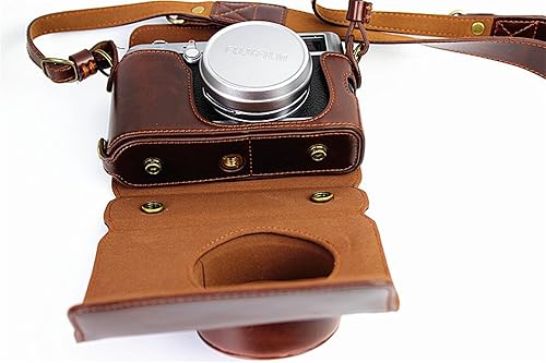 Vista 15 de Funda X100, hecha a mano de piel sintética para cámara de cuerpo completo para Fujifilm Fuji X100 X100S X100T versión de apertura inferior + correa