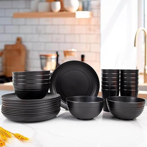 Miniatura 9 de LIYH - Juego de 12 vajilla de paja de trigo negro de 36 piezas, platos y cuencos de plástico, platos de plástico irrompibles aptos para