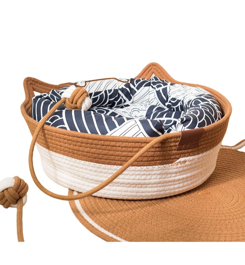 Kylin gold Cat Ear Cotton Rope Bed, Soft Handwoven Pet Nest for Kittens, Cats and Small Dogs, Cozy Indoor Sleeping Basket, Washable Cute Design,Equipped with cat pads (Large 40CM*14CM)