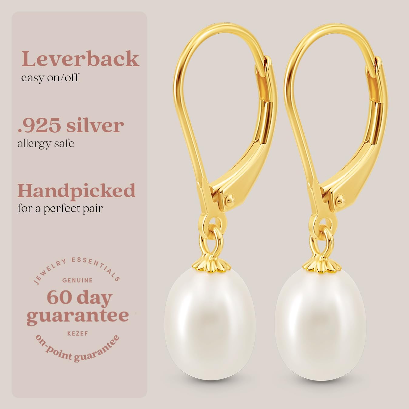 KEZEF Freshwater Cultured Pearl Drop Earrings, 14k White Gold Plated Sterling Silver, 7-8mm Dangle Earrings, Leverback, Hypoallergenic for Women, White Pearl Earrings - Image 4