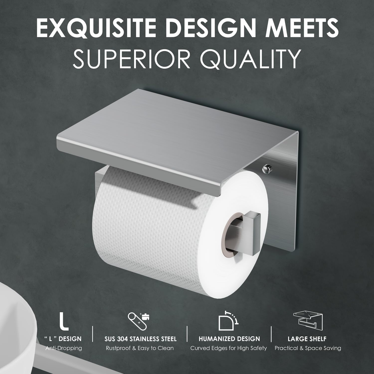 Porta Carta Igienica Con Mensola - Supporto Adesivo Da Parete Per Bagno, Acciaio Inox - Foto 8