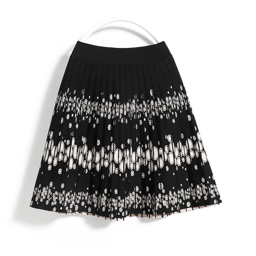 LUKX Damen Strickrock,Damen Minirock Schwarz Elastic High Waist Gestrickter Jacquard Faltenrock Vintage A-Line Swing Ruched Elegant Herbst Winter Kurzrock Für Mädchen Damen