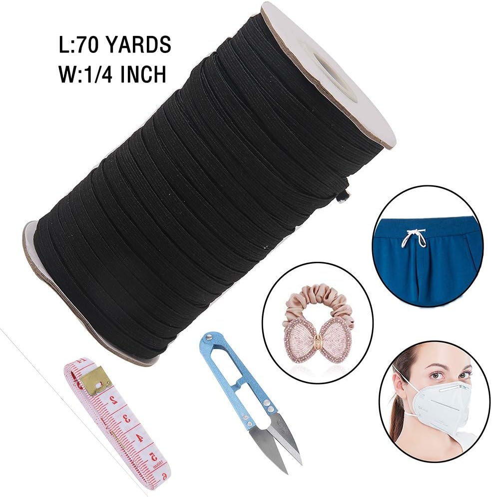Elastic Bands for Sewing,1/4 Inch Elastic Cord 70-Yards Braided Heavy Stretch High Elasticity for Sewing Crafts DIY, Face Mask,Hairbands (Black)