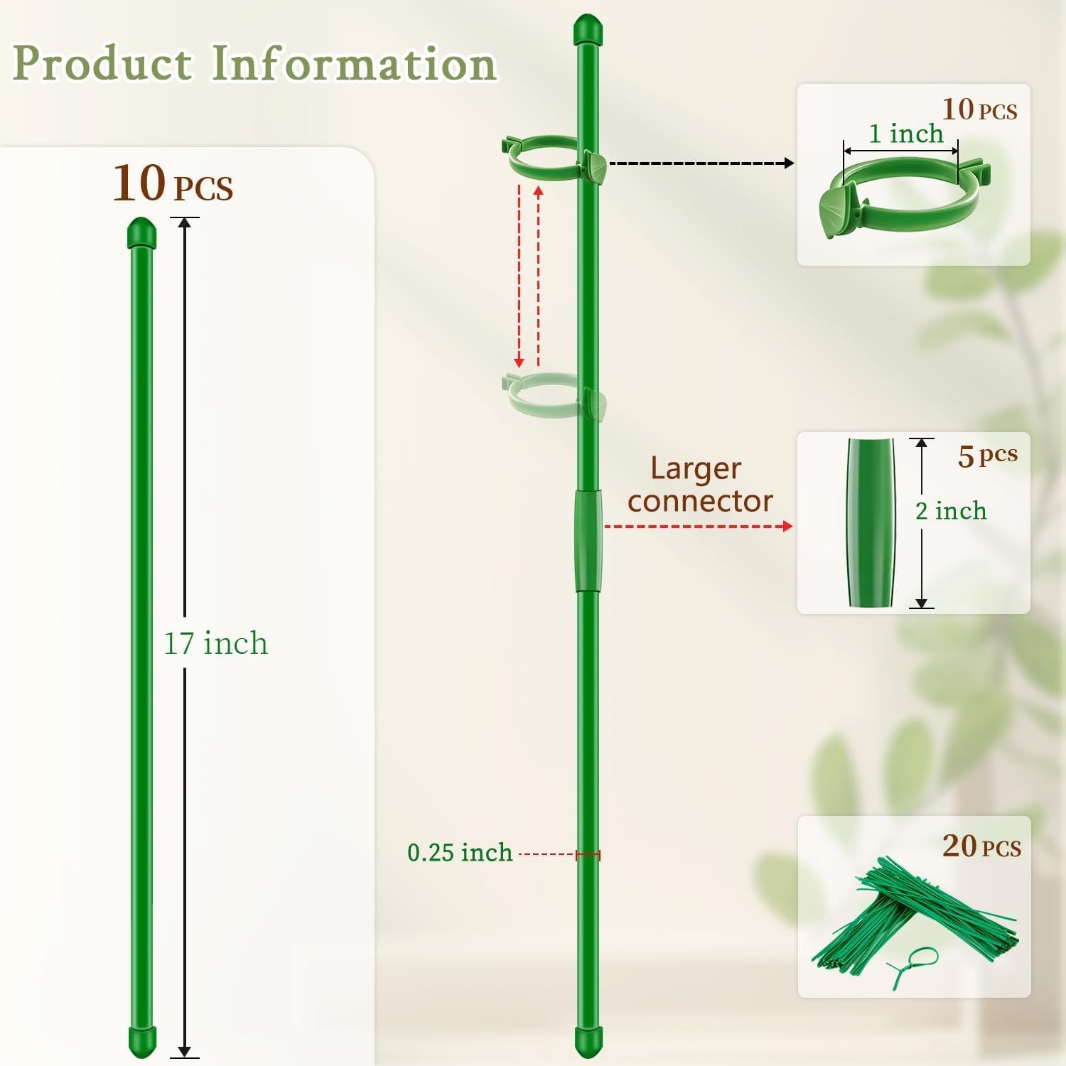Plant Stakes 17 inch 10Pcs SupKing Support Stick Orchid Stakes with Clips Garden Plant Poles Extended to 3/4/5ft for Indoor Outdoor Potted Tomato Rose Amaryllis Vegetables Monstera Comes with 20 Ties