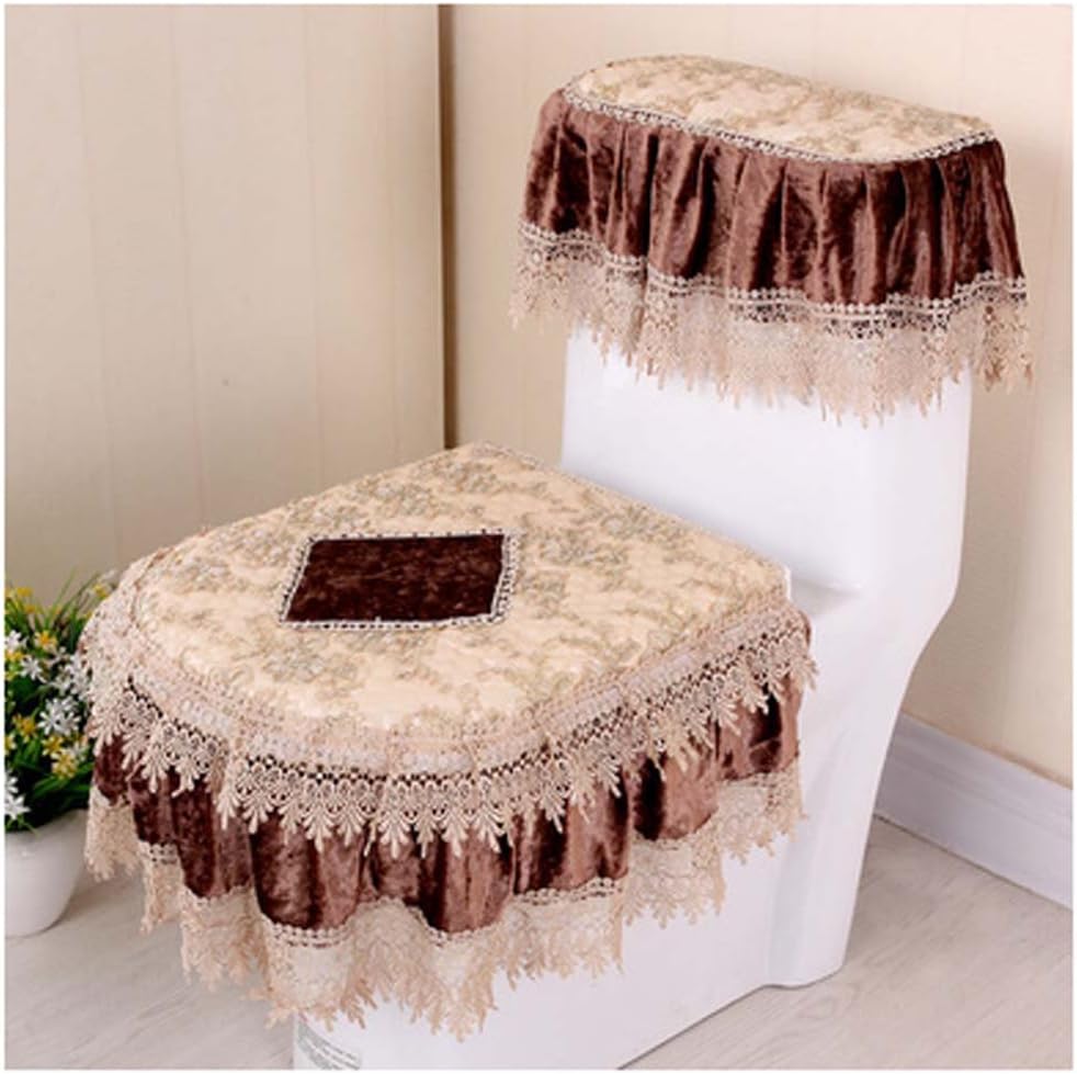 WSHINE Pleuche Lace Toilet Accessories Tank Cover + Lid Cover + Toilet Seat Cover with Zipper Design (coffee) : Home & Kitchen