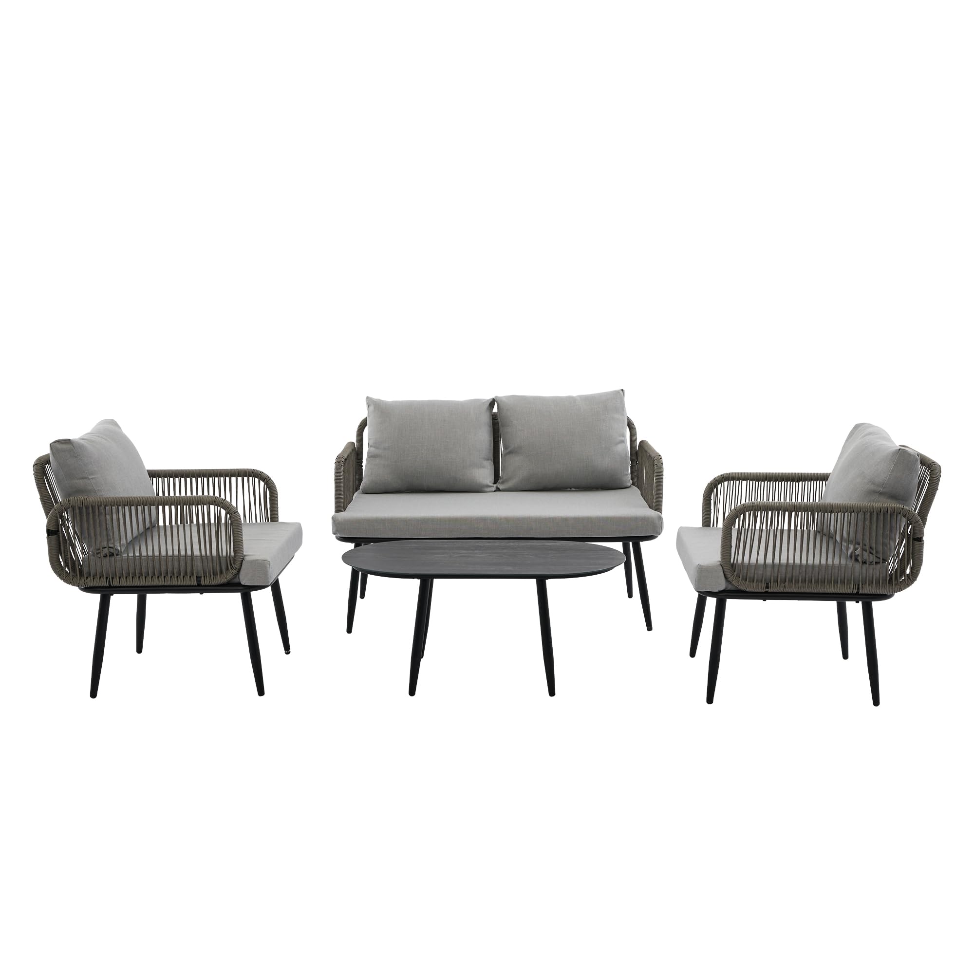 Set di sedie da giardino, con comodo cuscino, divano a 2 posti, 2 poltrone e tavolino da caffè, in acciaio zincato, corda intrecciata a mano, piano in vetro in stile venatura del legno, grigio