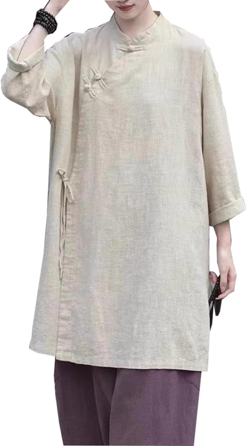 Long Sleeve Weaving Linen Retro Slanted Collar Tie Hanfu Loose Cozy Tops Blouse Tang Suit T-Shirt for Tai Chi