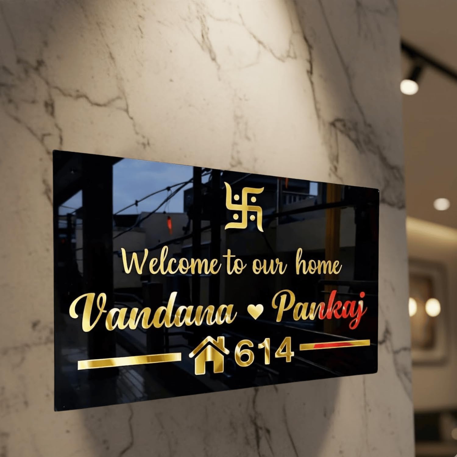 Vectopic Customized Home Name Plate | Welcome Design with Names & House Number | Black & Gold Acrylic | 12 x 9 inches cm Waterproof Name Board for Main Door, Flat, Office