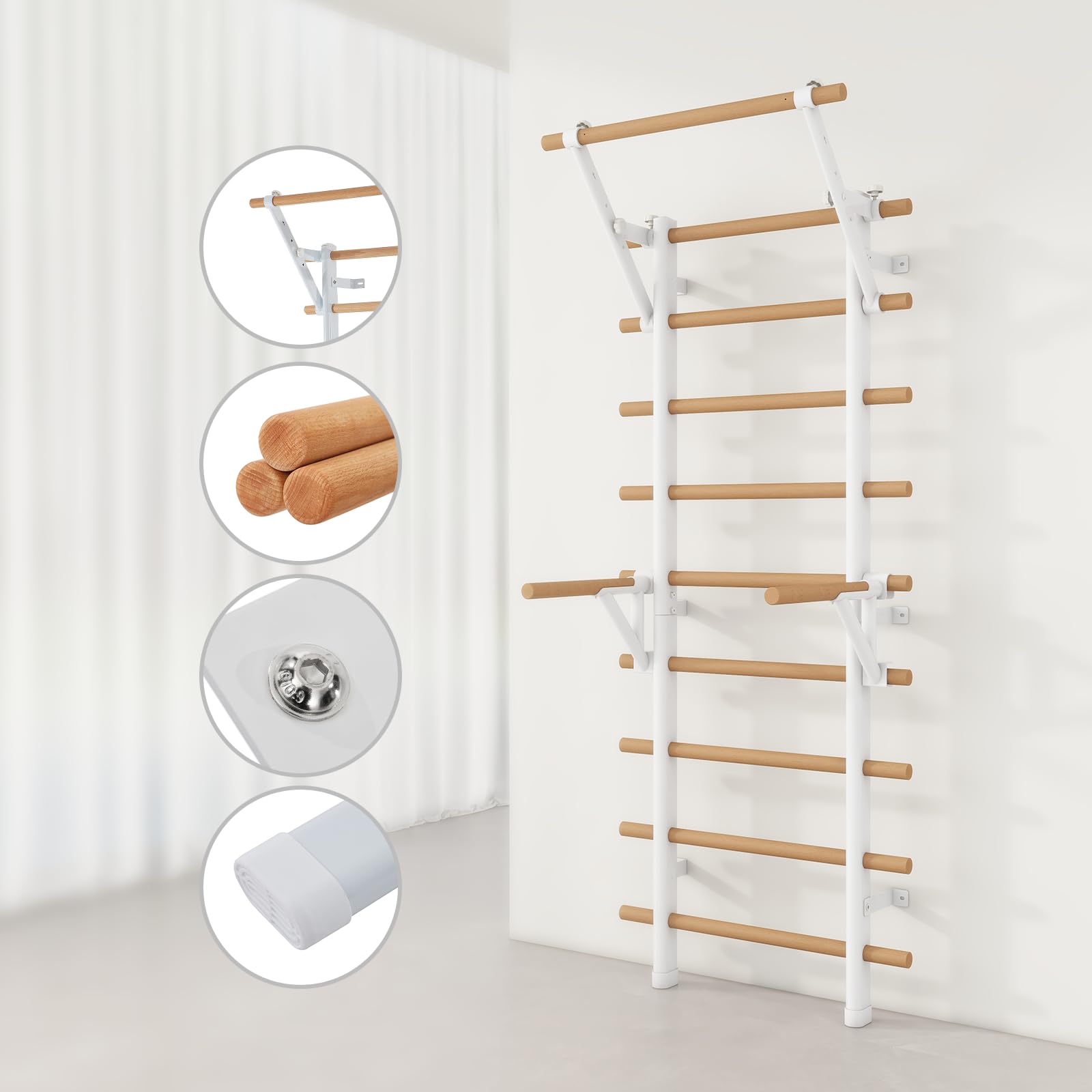 DHT Wood Stall Bar, Swedish Ladder Suspension Trainer with 9 Strategic Rods, for Home, Gym, School and Clinics, White