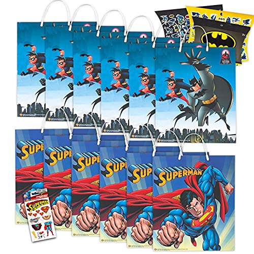 DC Comics Superman and Batman Party Bags Bundle ~ 12 Pack Batman and Superman Party Favor Bags for Candy, Toys, Treats, and More with Stickers (Superhero Party Supplies)