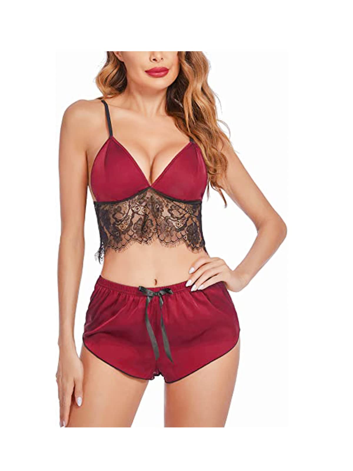 galsmaky Women's Maroon Satin Lingerie Set - Sexy Night Dress - First Night Dress - Women's Innerwear - Bikini Lace Bra Panty - Size 30 to 36 Inch-picture-19