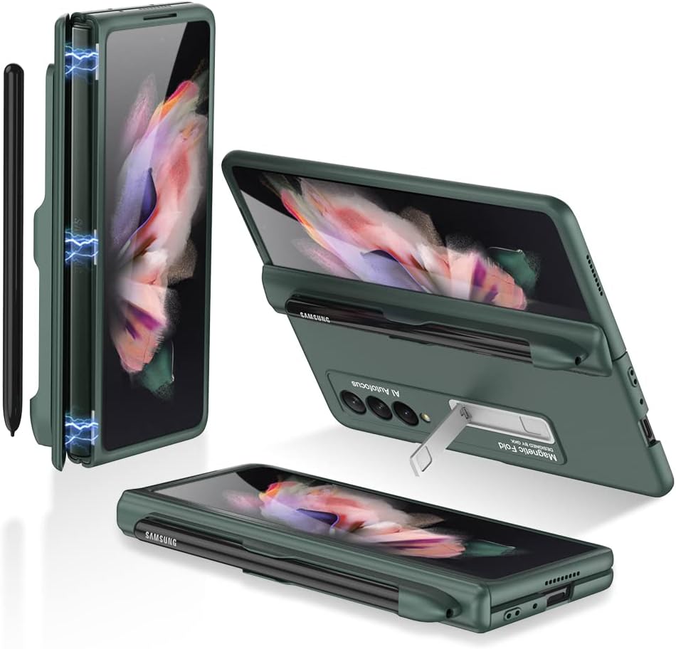 PUROOM for Samsung Galaxy Z Fold 3 Case Hinge Coverage Protective Case with Built-in Magnetic Kickstand PC Shockproof Cover for Samsung Galaxy Z Fold 3 5G 2021 (Green with S-Pen Slot)