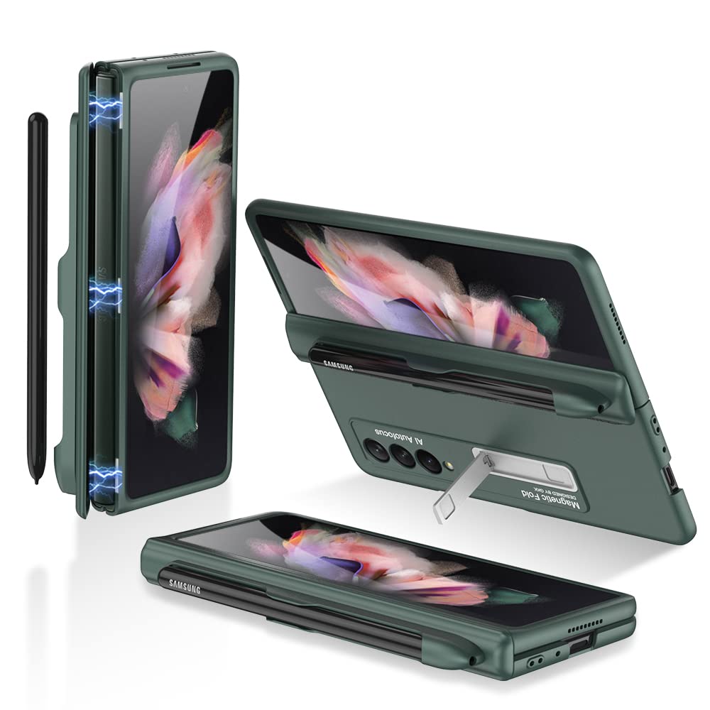 PUROOM for Samsung Galaxy Z Fold 3 Case Hinge Coverage Protective Case with Built-in Magnetic Kickstand PC Shockproof Cover for Samsung Galaxy Z Fold 3 5G 2021 (Green with S-Pen Slot)