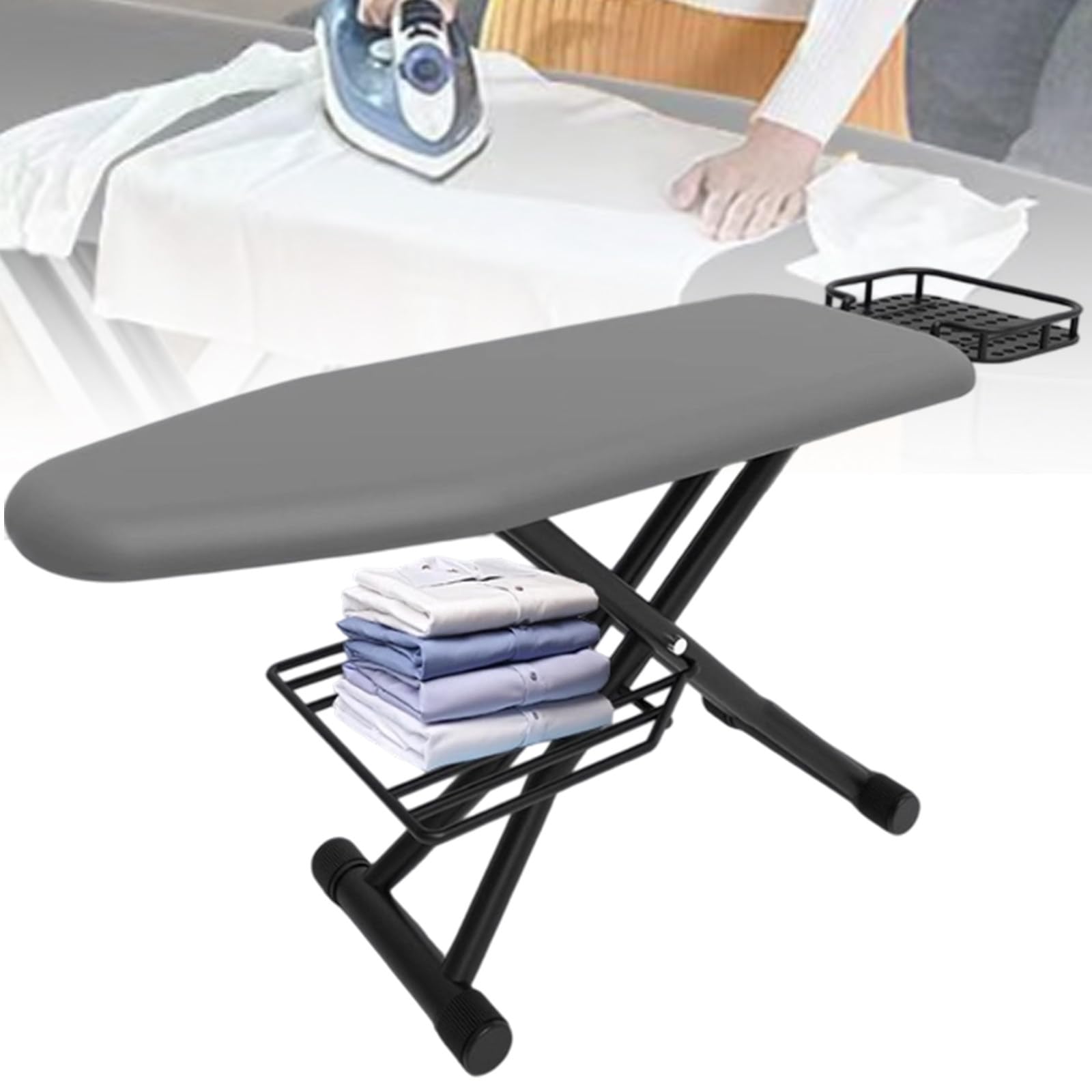 Yxyljoz Grey Foldable Ironing Board Full Size, Height Adjustable Sturdy Iron Board, Height Adjustable Iron Stand With Storage Tray, Ideal For Home, Laundry, Sewing,90Cm (Grey)