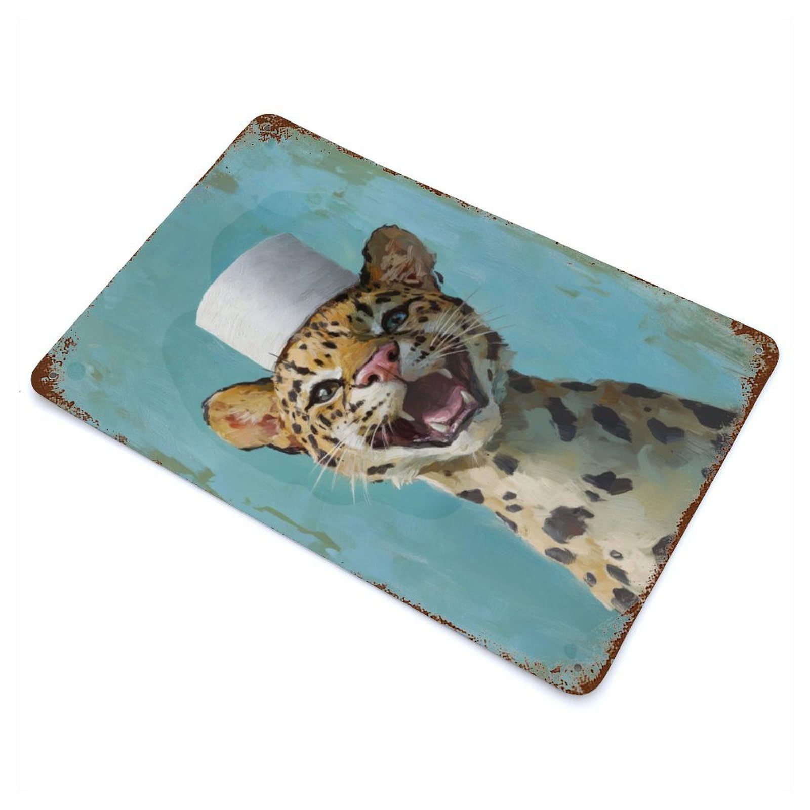 Leopard in A Toilet Paper Hat Distressed Metal Wall Sign 11.8"x7.9", Industrial Home Decor for Garage, Pub Or Kitchen