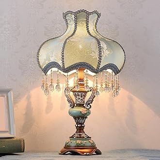 Aeyee Lovely Table Lamp with Fabric Lampshade, Antique Flower Decorative Bedside Desk Lamp, Crystal Night Light for Bedroom Nightstand, Blue Finish