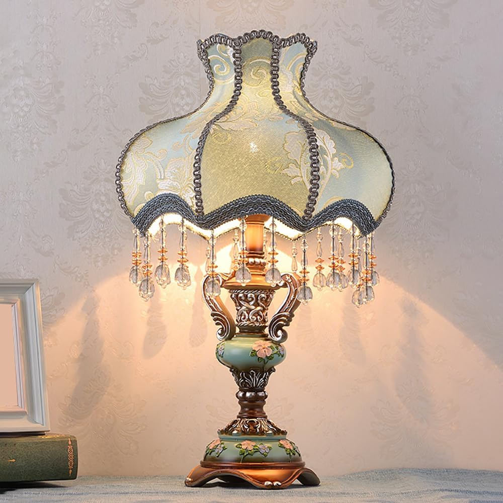 Lovely Table Lamp with Fabric Lampshade, Antique Flower Decorative Bedside Desk Lamp, Crystal Night Light for Bedroom Nightstand, Blue Finish