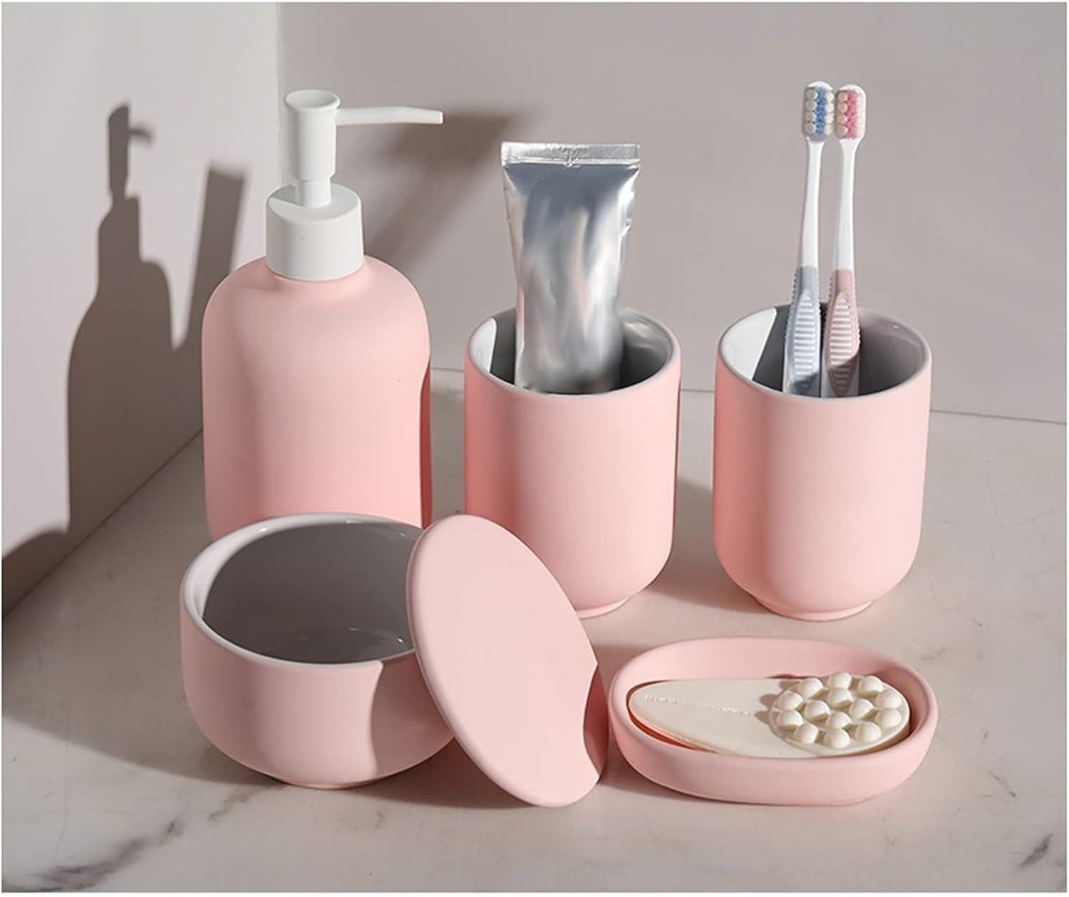 Soap Dispenser Ceramic 5-Piece Soap Dispenser Household Dormitory Bathroom Supplies Set Lotion Bottle/Mouthwash Cup/Storage Tank/Soap Box Pink Blue Liquid soap Dispenser (Color : Pink)