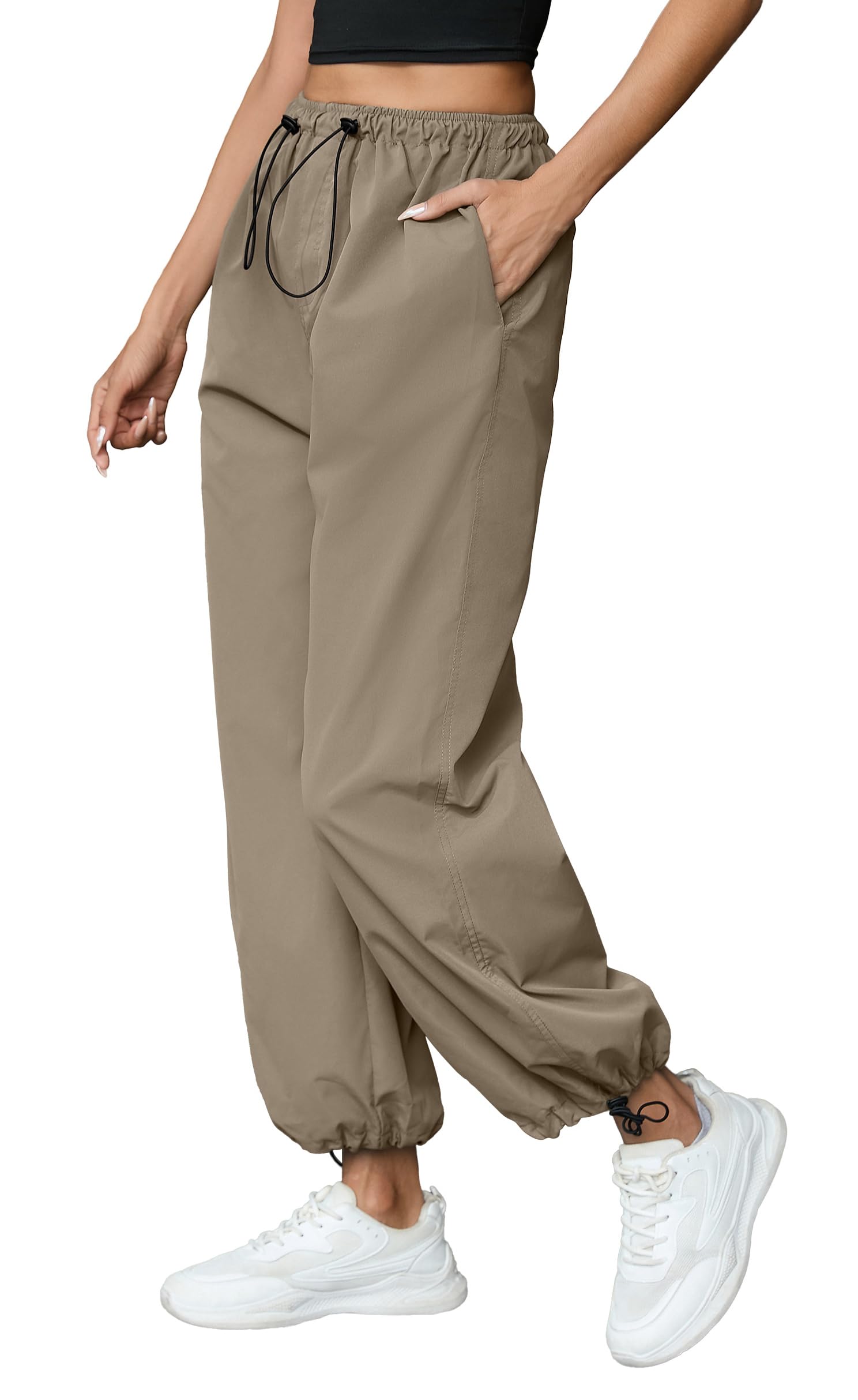 TASAMO Baggy Parachute Pants for Women Drawstring Elastic High Waist Ruched Cargo Pants Multiple Pockets Jogger Pants Khaki
