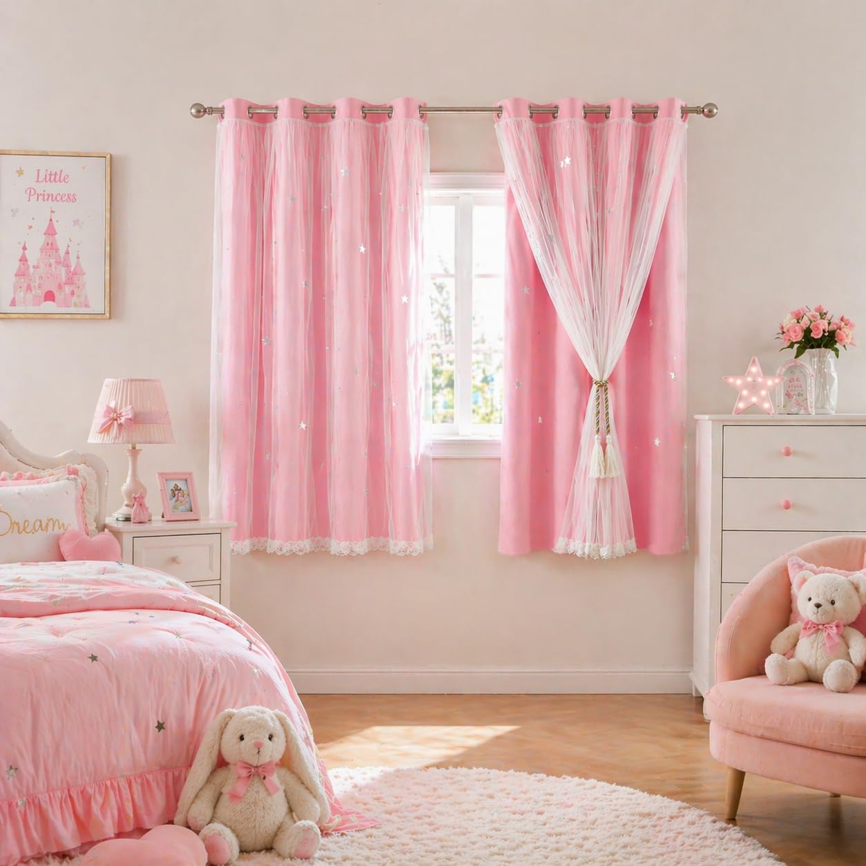 Kids Curtains for Bedroom, 2 Panels Blackout Curtains with Sheer Overlay & Tiebacks, 52 * 63inch Stars Cut Out Pink Curtains Drapery with Eyelet for Girls Bedroom Nursery Window Home Decor