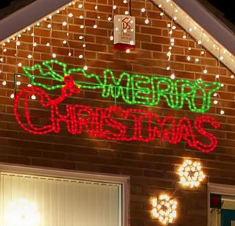 LAMPHOME Large 48"x18" 504 LED Merry Christmas Neon Motif Super-Bright Green and Red LEDs Outdoor Christmas Decoration with UL Standard Adaptor Waterproof for Outdoor Home Party Wall Hanging Holiday