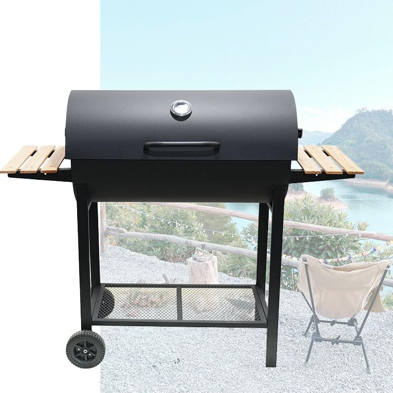 Parrilla de carbón con dos mesas laterales, parrilla de barbacoa de acero resistente para pícnics al aire libre, patios traseros y fiestas