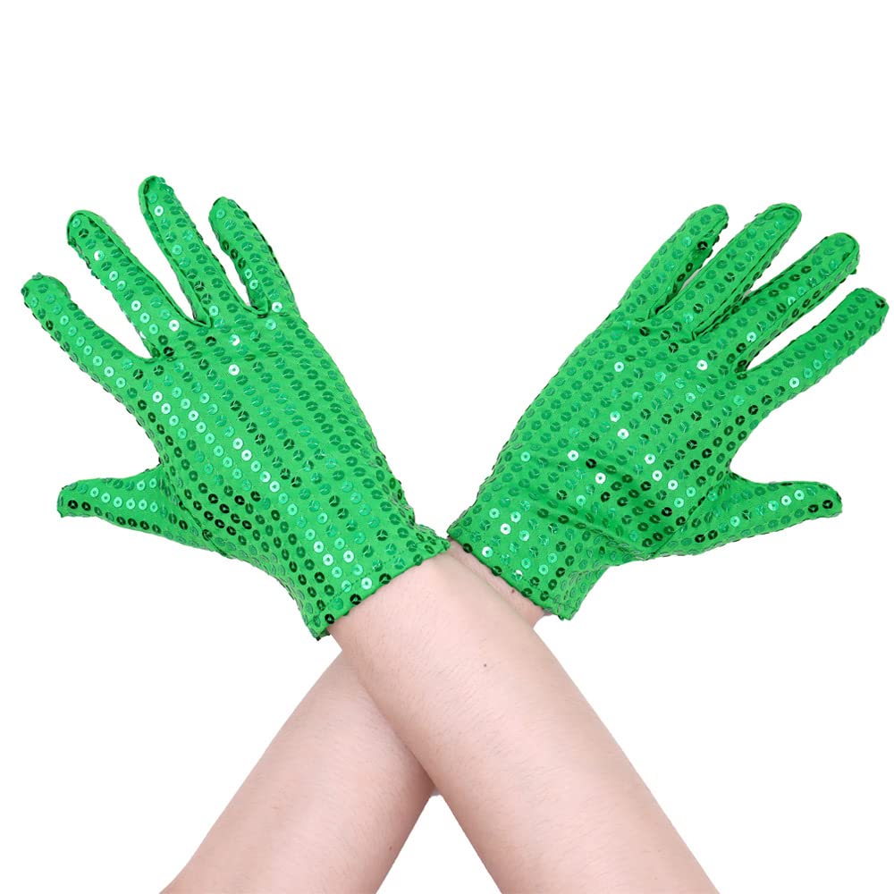 Aniler Unisex Wrist Length Full Finger Sequin Solid Color 80s Sparkling Glitter Costume Cosplay Party Short Gloves, Green, One size โ image 1