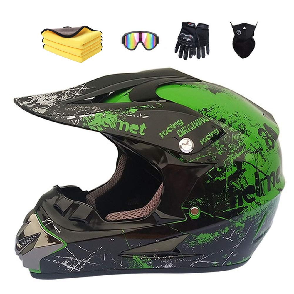 Motorradhelm,Motocross Helm,Helm Kinder,Helmets Kinder-Cross-Helm, Road Helm mit Handschuhe Maske Brille, ATV Helm,MTB green,57-58cm
