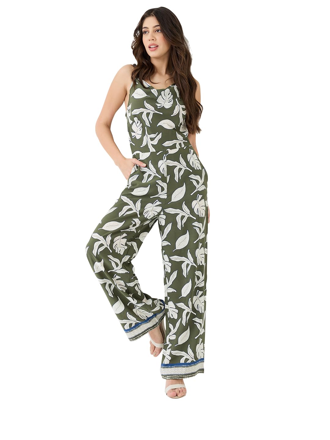 globus Women Tropical Printed Cowl Neck Shoulder Strap Longline Party Jumpsuit-picture-12