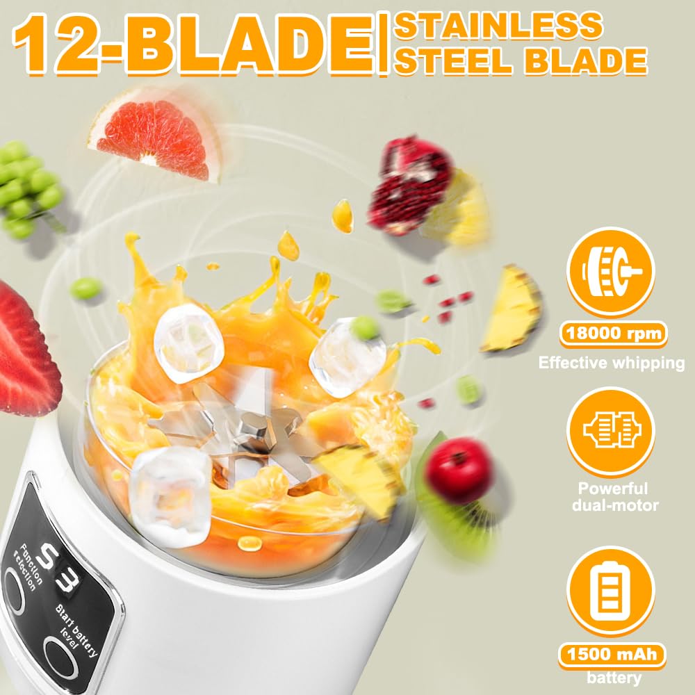 Tragbarer Mixer Smoothie Maker To Go, SGZIOO 450 ML Portable Blender, 12 Klingen, mit LED Display, Kleiner Mixer Für Shakes und Smoothie, Wiederaufladbar Mini standmixer Sport, Reisen, Outdoor