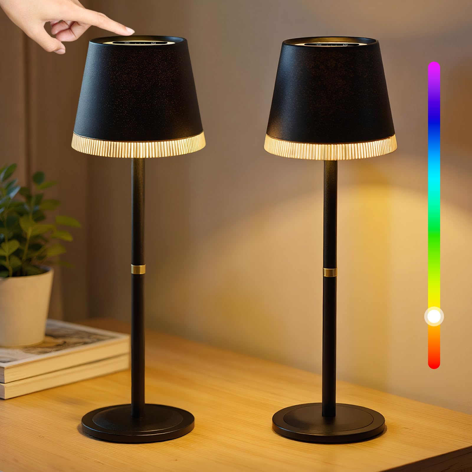 OUTON Lámpara de Mesa Inalámbrica con 3 Modos de Luz y RGB, LED Recargable con Control Táctil, Regulable y Memoria, Impermeable IP54 para Dormitorio, Bar y Café, Negro