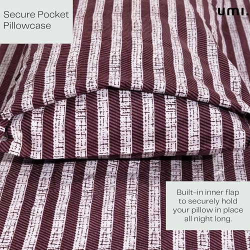 Image of Amazon Brand - Umi Cotton Fitted Bedsheet, Queen Size 78x60 Inches, Elastic Fit Bed Sheet, 10 Inch Deep Pocket, Soft Breathable Bedding, Durable Easy Care, with Pillow Cover-Marron Stripe