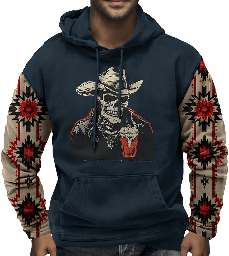 Spatofa Mens Aztec Cowboy Hoodie Western Vintage Pullover Sweatshirt Casual Long Sleeve Hooded Sweatshirt Tops with Pockets