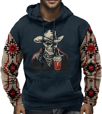 Mens Aztec Cowboy Hoodie Western Vintage Pullover Sweatshirt Casual Long Sleeve Hooded Sweatshirt Tops with Pockets