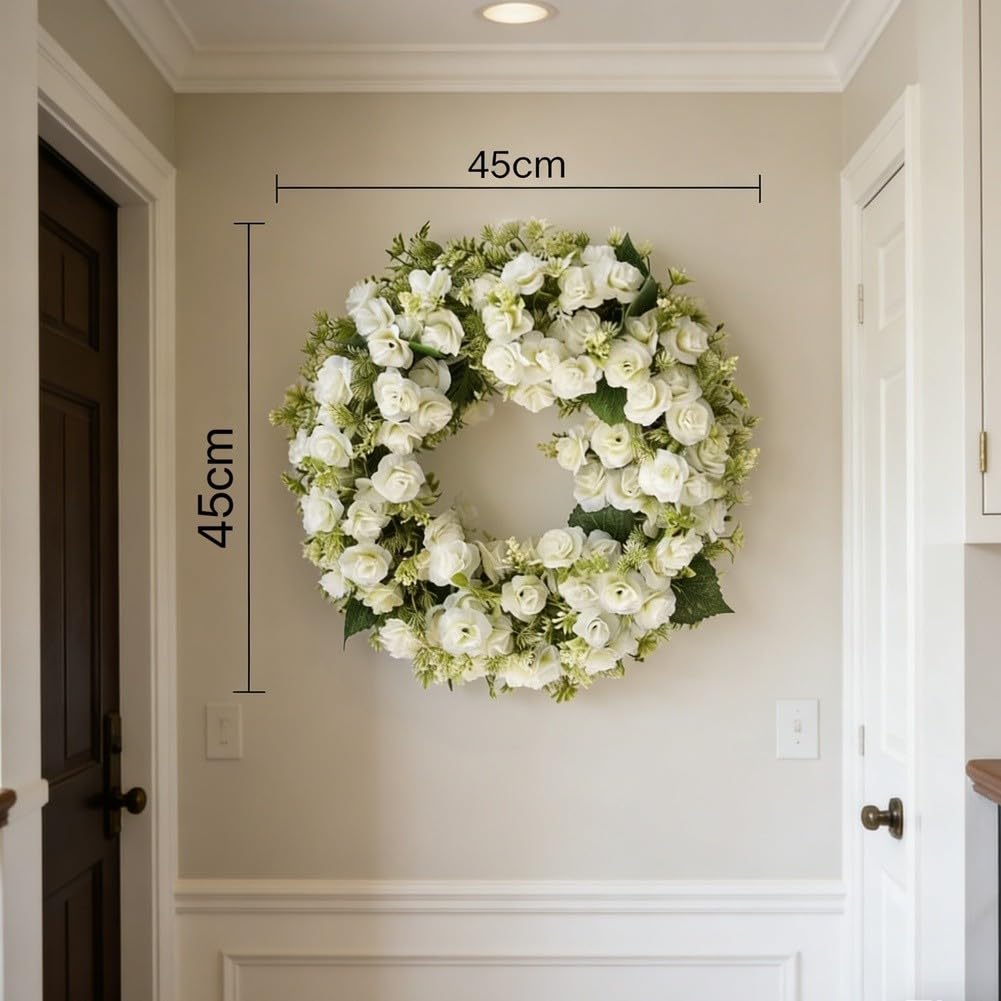 Ghirlanda di fiori artificiali bianca e rosa, 45 cm, rose realistiche al tatto, foglie di eucalipto, decorazione da parete, arco nuziale, per interni ed esterni (bianco)