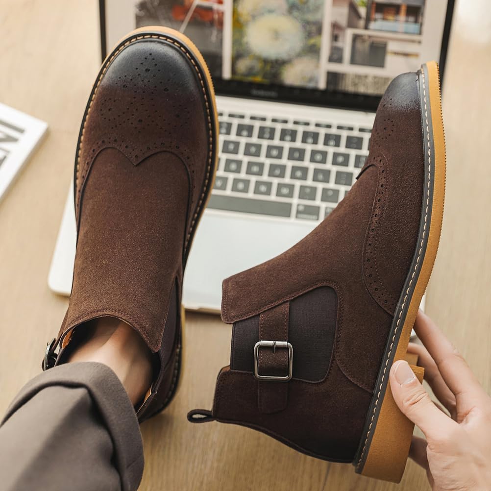 Mens Chelsea Ankle Boot PU Suede Leather Slip-On Classic Dress Comfort Casual Buckle Chukka Boots - Image 2