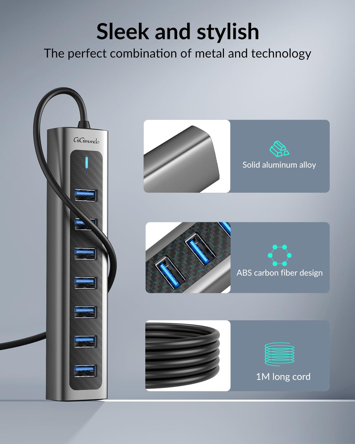 GiGimundo HUB USB 3.0, Hub USB 3.0 in Alluminio a 7 Porte per Laptop, Cavo Lungo 1,8m con Porta di Alimentazione Type-C 5V/3A, Compatibile con MacBook, PS4, Surface Pro, HDD Mobile (1,8m)