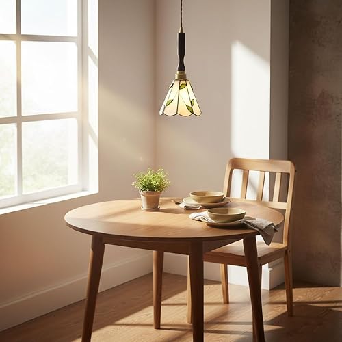 Miniatura 7 de Lámpara Colgante Estilo Tiffany Vintage, Vidrio Emplomado Patrón Hoja Verde, Acabado Latón y Madera, Cable Ajustable E27 Luz Cálida para Isla