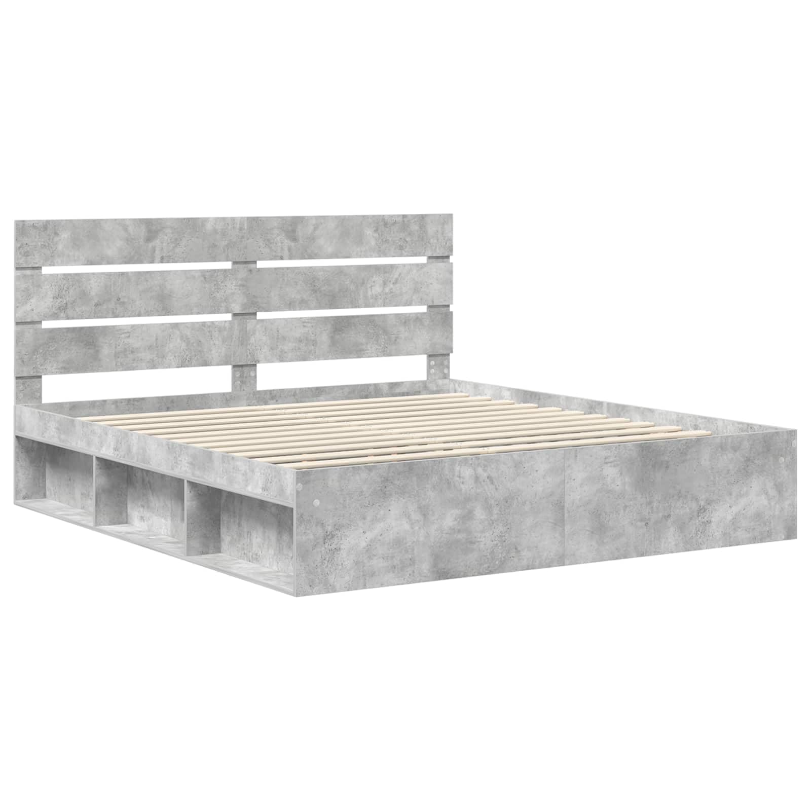 Bettrahmen mit Kopfteil Beton Optik 180x200 cm Holzwerkstoff, Bettgestell 180x200 mit massiver Kiefernholz-Kopfstütze, Stabiler Lattenrost für Moderne Schlafzimmer