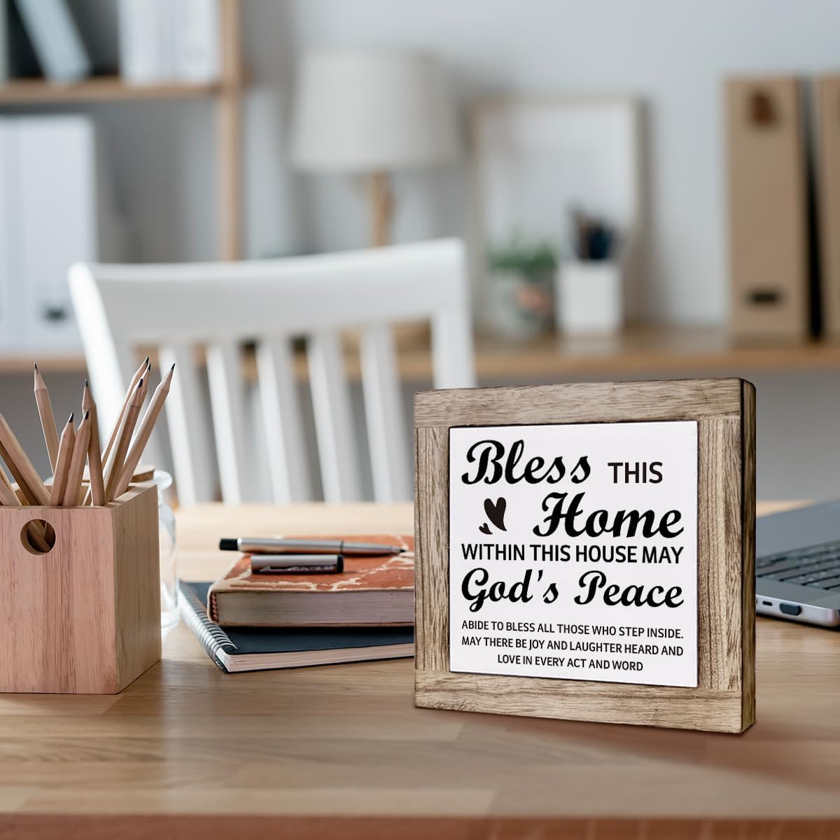 Christian Home Decor, Bless this Home House Wooden Box Sign, Farmhouse Desk Wooden Plaque For Bedroom Living Room, Housewarming Gift for Friend Family, Freestanding Decor 5.9x5.9 Inches - Image 4
