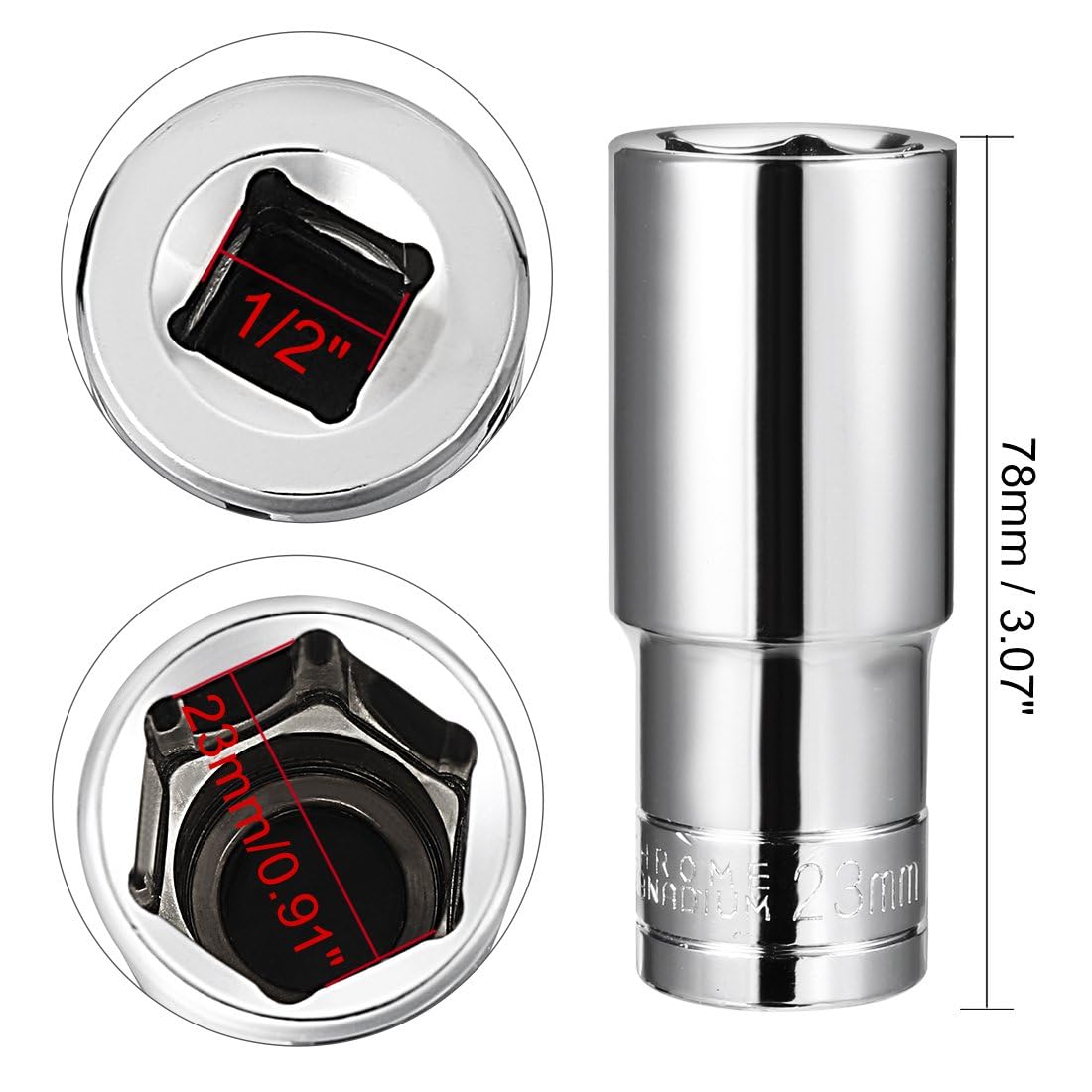 TA-VIGOR 1/2 Inch Drive 23mm 6-Point Deep Socket, Metric, Cr-V Drive Socket (Polishing) for Auto Repairing and Household - Image 2